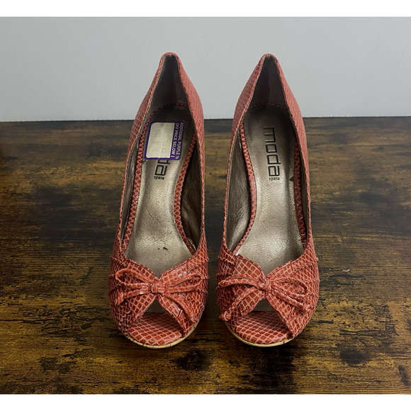 Moda Spana Peep Toe Heels Sz 7.5M Red Reptile Bow Cork Pinup‎ - Picture 2 of 9